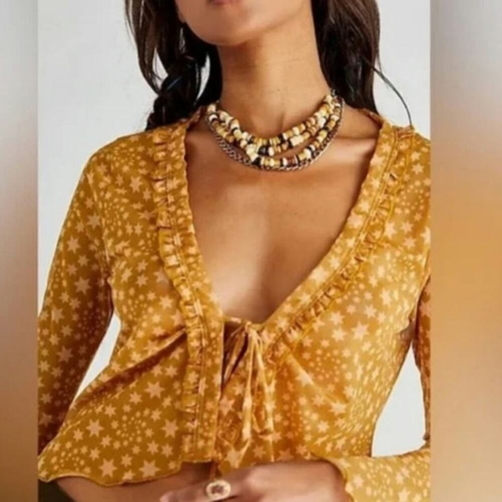 Free People Marne Sheer Mesh Yellow Star Tie Top Size Small